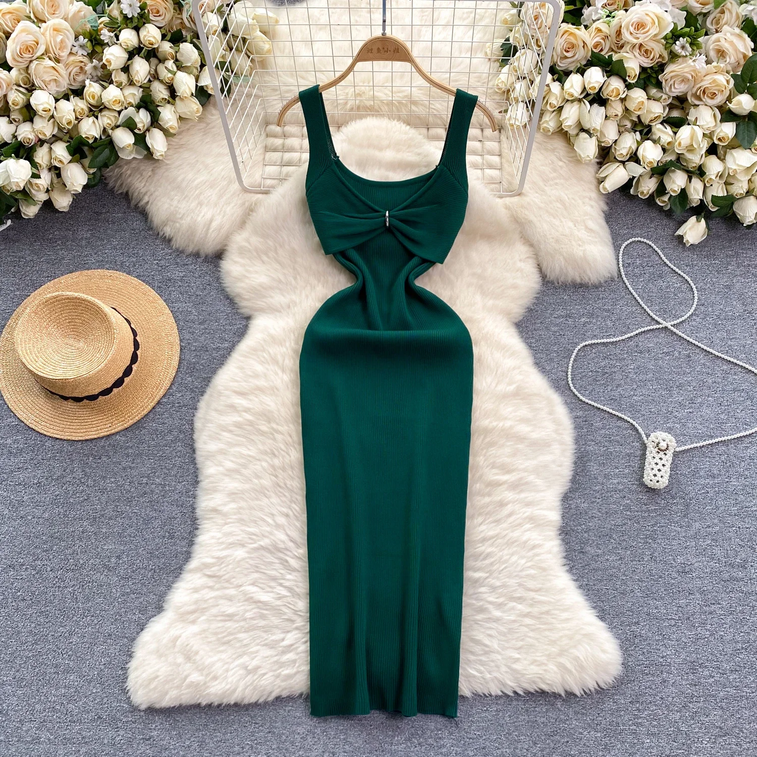 Vestido bodycon plissado de malha feminino, moda chique, quadris sexy, elástico, fino, streetwear longo, roupas de verão, 2024