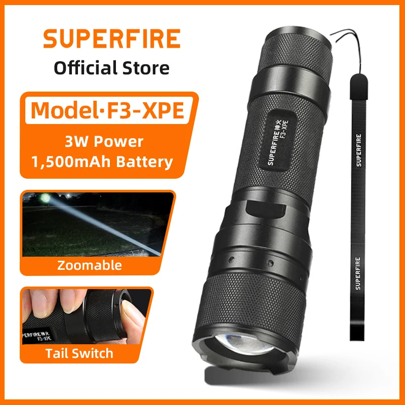 SUPERFIRE F3-XPE 3W Flashlight LED Light Super Bright Zoomable Work Torch Tail Switch Rechargeable Powerful Fishing Lantern