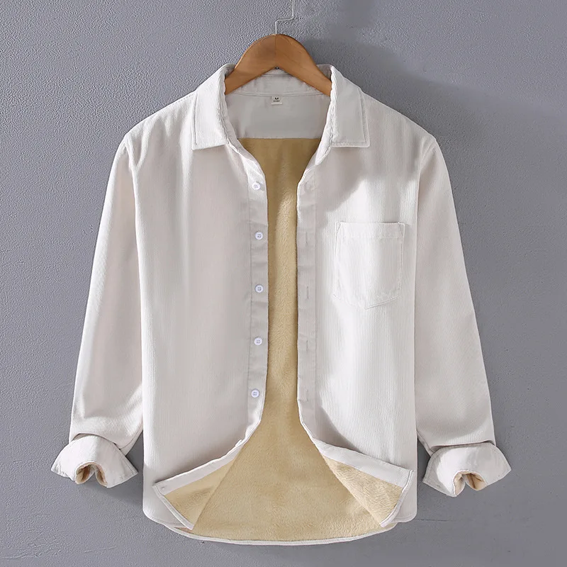 2325 Autumn Winter Men's 100% Cotton Corduroy Fleece Lined Warm Shirt Thickened Cotton Striped Texture Slim Fit Casual Tops Male