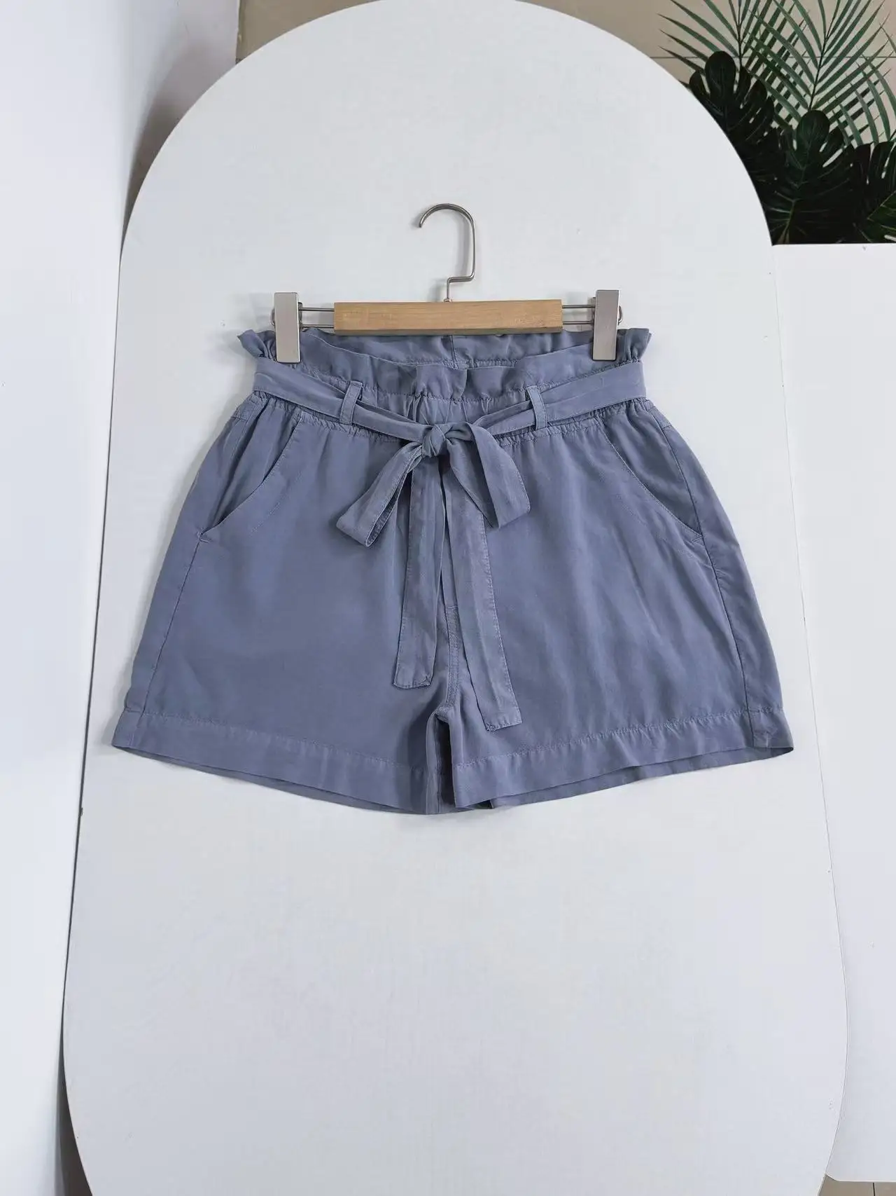 High Waist Wide Leg Casual Pants Women's Short Shorts  Lycocell Fabric Wood Grain  Bow Tie Ladies Casual Trousers