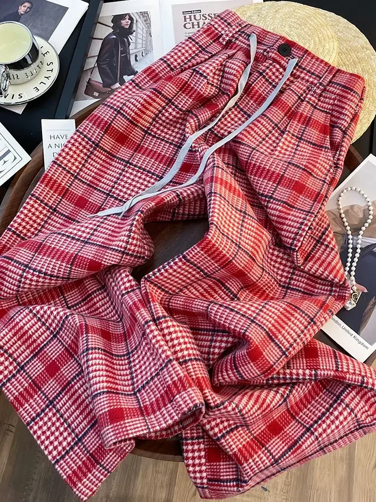 Hikigawa 2025 Spring Plaid High Waist Women Pants Chic Fashion Harajuku Drawstring Wide Leg Trousers Loose Vintage Pantalones