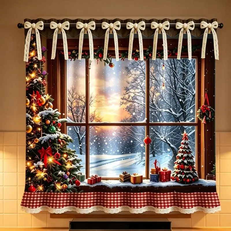 Tie-Top Christmas Oven Skirt with Ruffled Trim Decorative Dish Washer Curtain JOMD