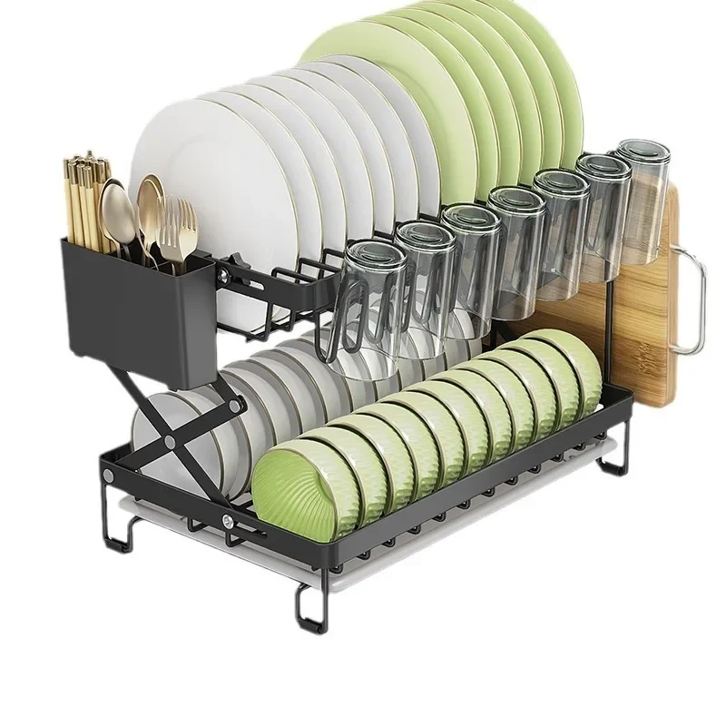 Foldable 2-Tier Dish Storage Rack Kitchen Counter Organizer with Drain Tray for Plates Utensils Cutlery Compact Dish