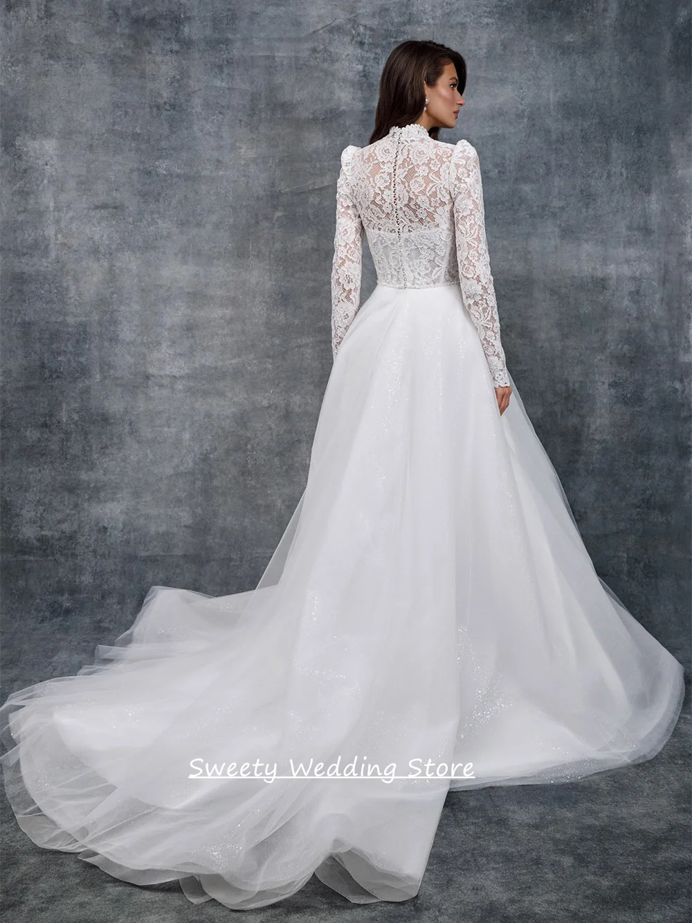 Cheap Wedding Dress Customized Long Sleeves V Neck Lace Glitter Tulle A Line Sweep Train Bridal Gown for Woman Bride
