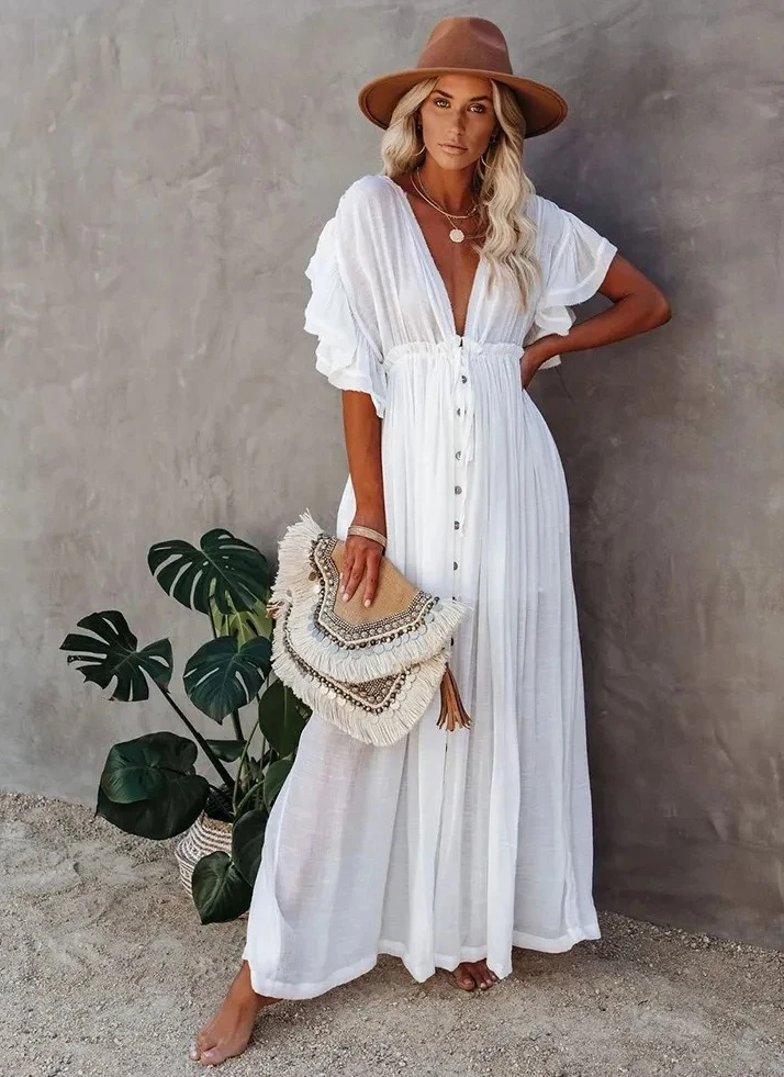 

Sexy Deep V Neck Long White Tunic Casual Summer Beach Dress Elegant Women Clothes Beach Wear Swim Suit