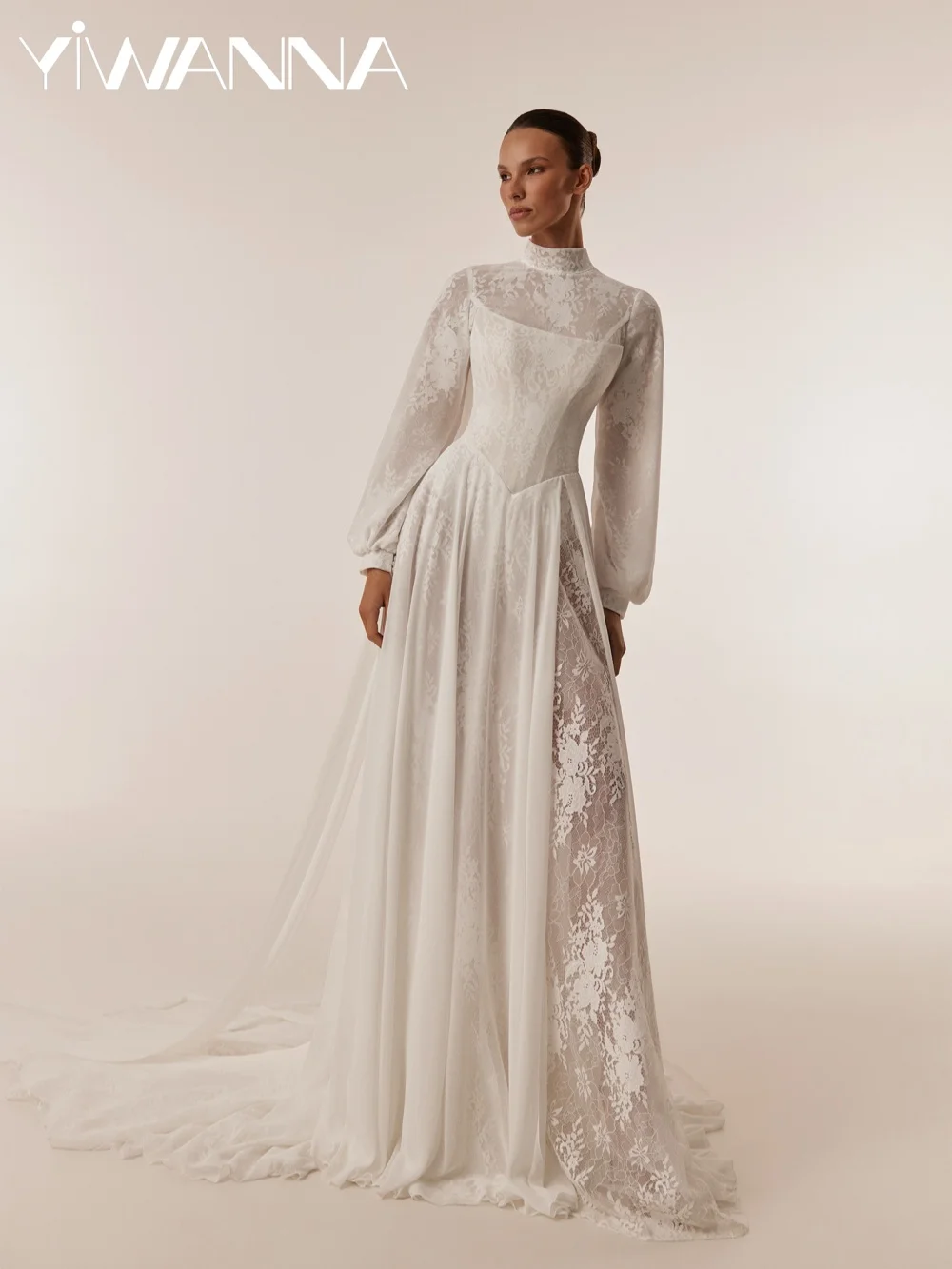 

Vintage Chiffon Lace Long Wedding Dress Detachable Sleeve A-line Bridal Gown 2026 Customized High Collar Dresses For Bride