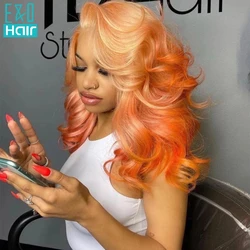 Ombre Ginger Orange Colored Lace Front Human Hair Wigs For Women Brazilain Remy Transparent Lace Wavy Wig Pre Plucked 180%