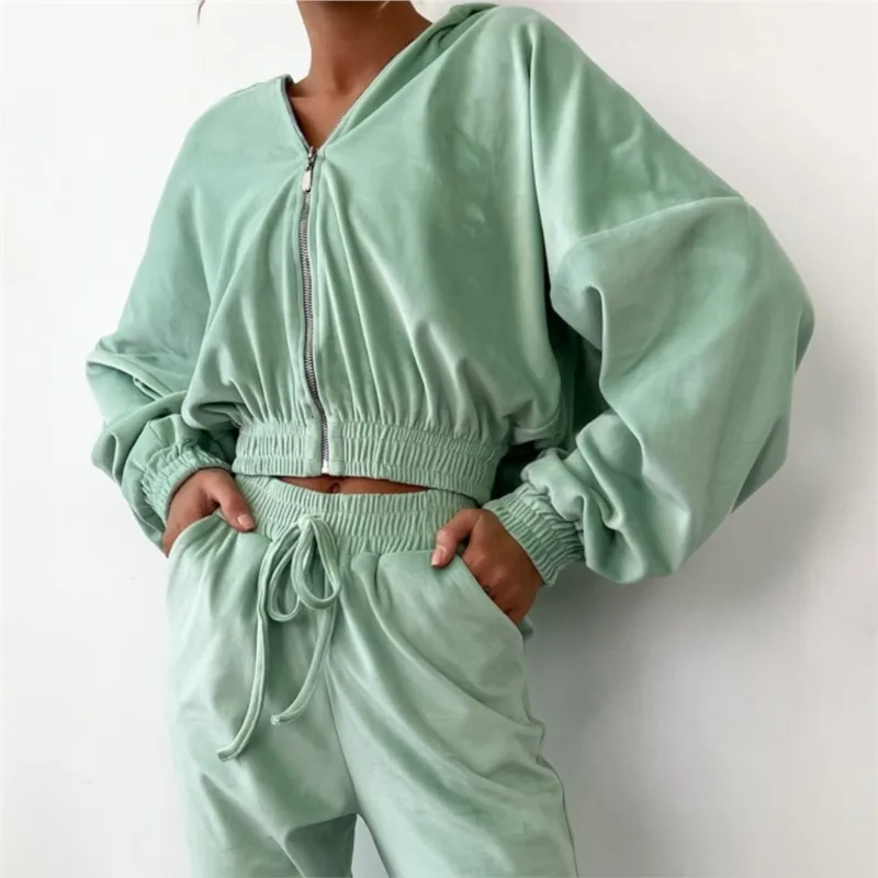 

Women's Outfit Winter Winter Casual Sweatshirt Two-piece Set Fashion Velvet Zipper Hooded Hoodie + Drawstring Pants Sets Female