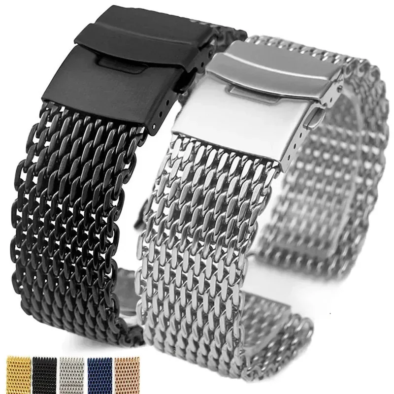 18/20/22/24mm Mesh Stainless Steel Strap for Seiko Diving Wrist Band Metal Shark Adjustable Folding Buckle Luxury Men Bracelet