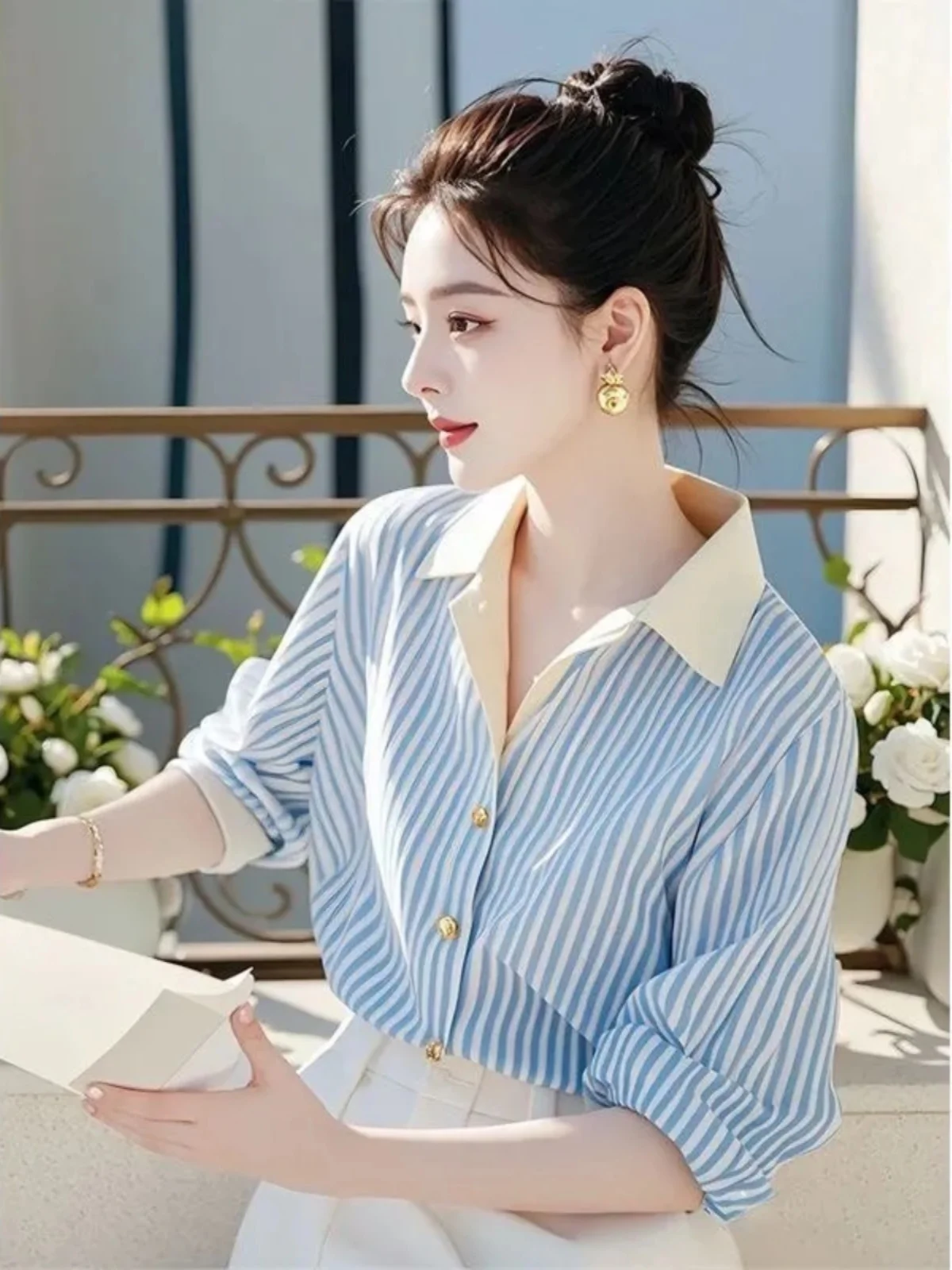 

Faionable Striped irt Long Sve Korean Sle Loose Fit Commute Wind Autumn New Arrival Ele Top Women's irt