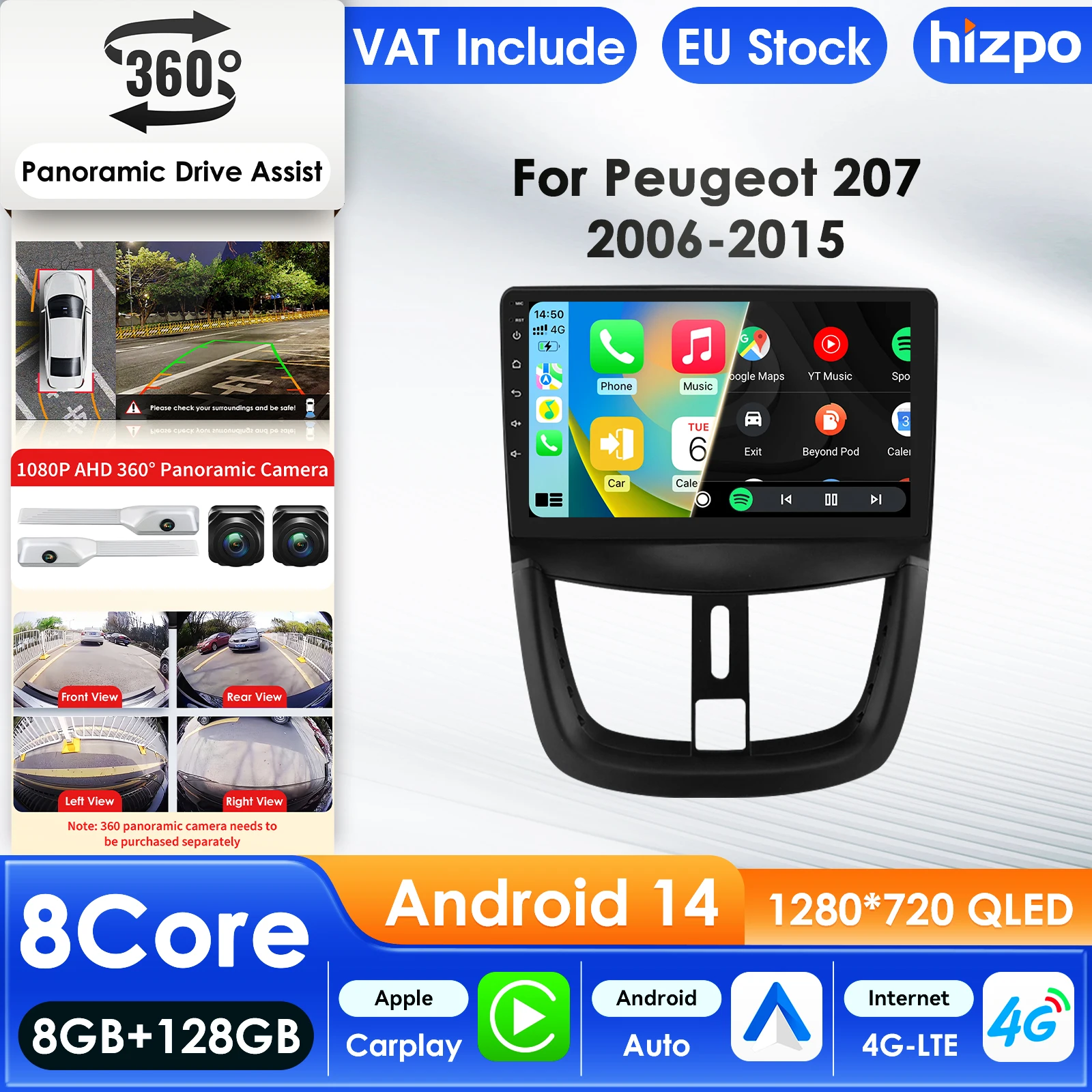 Hizpo 2 Din Android 14 Lettore multimediale per auto per Peugeot 207 2006--2015 GPS Carplay 4G AI Schermo intelligente Autoradio 360CAM