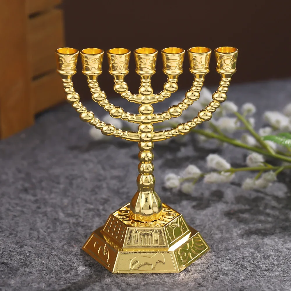 7-arms Candlestick Small Decor Jewish Shabbat Golden Candles Cups Holder Vintage Pattern Retro Religion Holidays Dinner Ornament