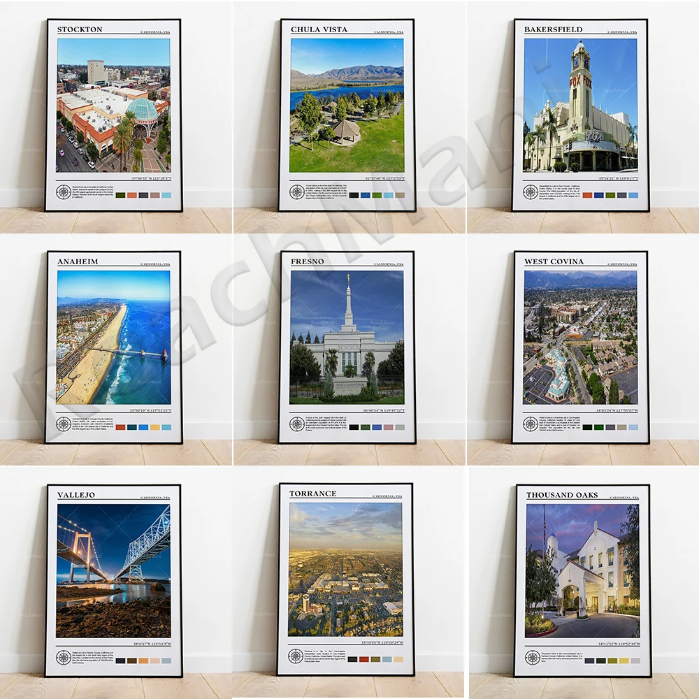 Pósteres de viaje de Sunnyvale, Torrance, Visalia, West Covina, Fresno, Bakersfield, Chula Vista, Thousand Oaks, EE. UU., arte de pared de Florida