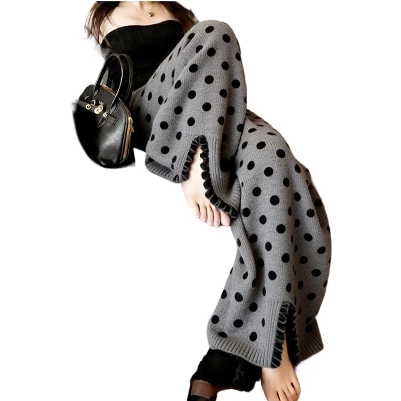 Grey Polka Dot Slit Knitted Wide-leg Pants for Women This Spring, High-waisted, Slimming, Loose and Casual Straight-leg Pants