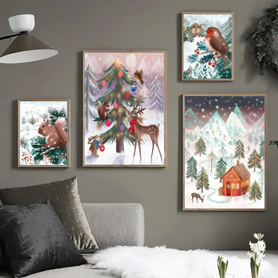 

Christmas Theme Wall Art Canvas - Squirrel Fox Bird Deer Rabbit Snowman - Kids Room Decor - Festive Tree Poster Print