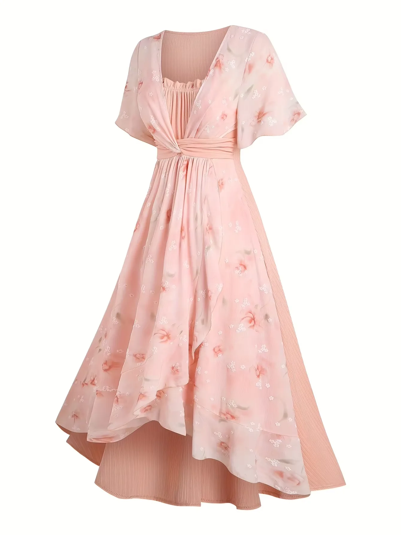 

Новое женское повседневное макси-платье больших размеров с цветочным принтом, оборками, плиссировкой и асимметричным подолом, весна-осень