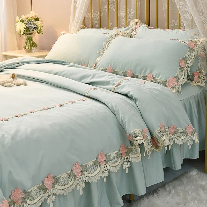 

Four piece silk bed cover, bed skirt, duvet cover, can be fixed, sheet, girl's heart, silky set, for use on the