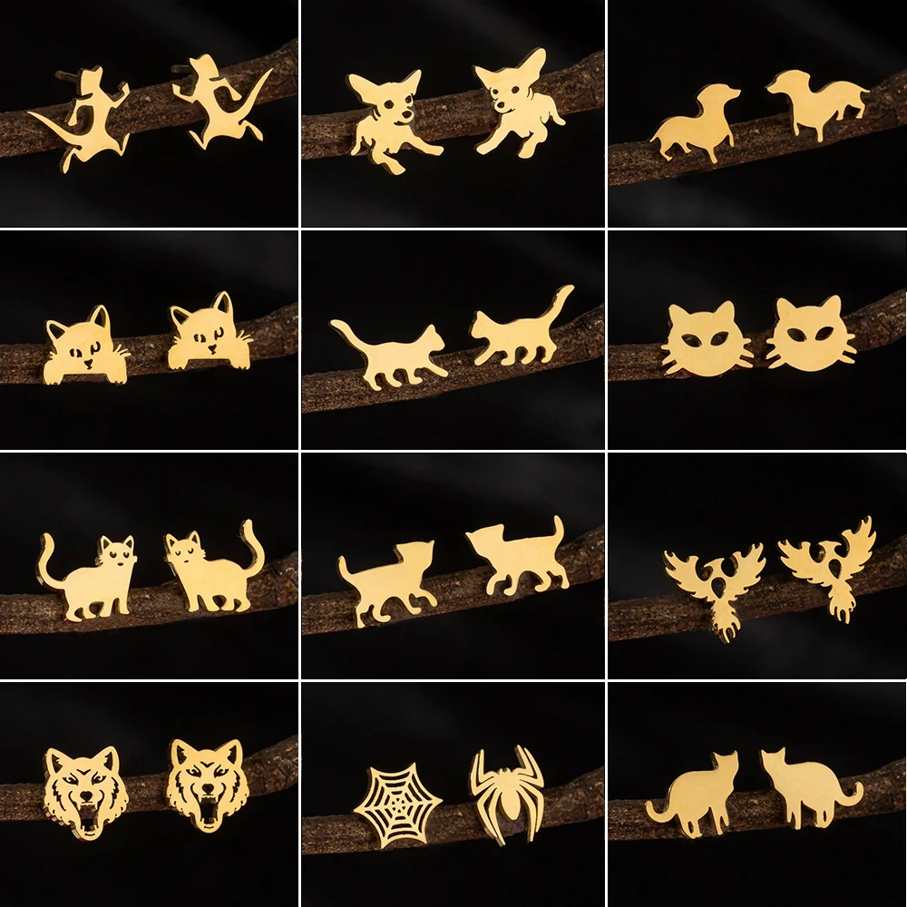 Cute Cartoon Dog Stainless Steel Stud Earring Premium Jewelry Multiple Animal Cat Wolf Cartilage Women'S Earrings Pendientes