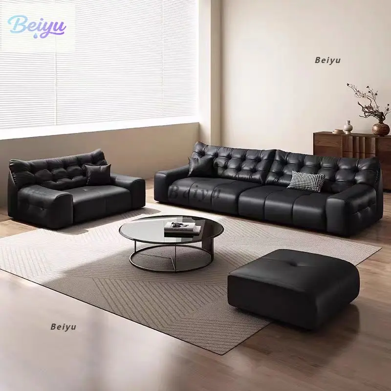 French retro big black bear modern minimalist sofa antique living room three or four people straight row black leather sofa