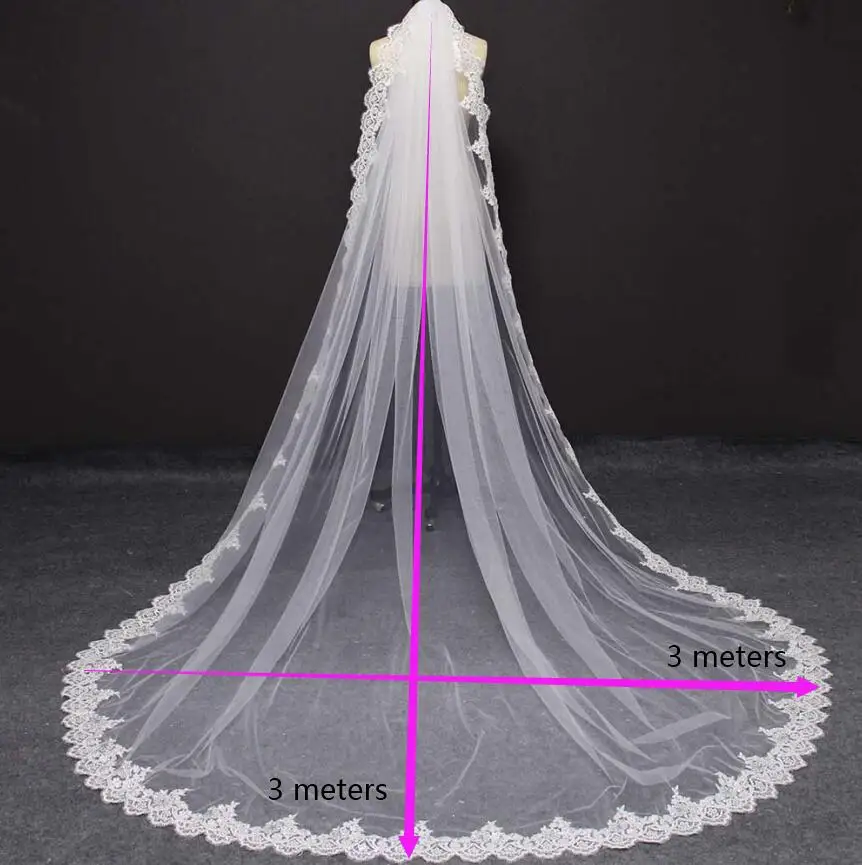 Voile de mariage en dentelle à paillettes, 3 mètres de Long, une couche avec peigne, blanc ivoire, accessoires de mariage