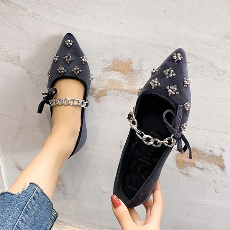 Metal Chain Design Pointed Toe Ballet Shoes Women Luxury Rhinestone Decoration Flats Mary Jane Shoes Fashion Banquet Dress Shoes view 3