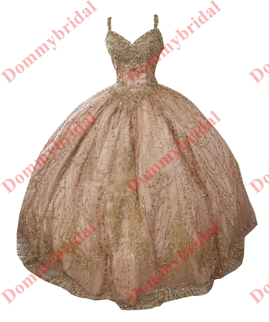 2023 Rose Gold Sparkly Patterned Ball Gown Cheap Prom Quinceanera Dresses For Women Girls with Straps Keyhole Back Corset Party