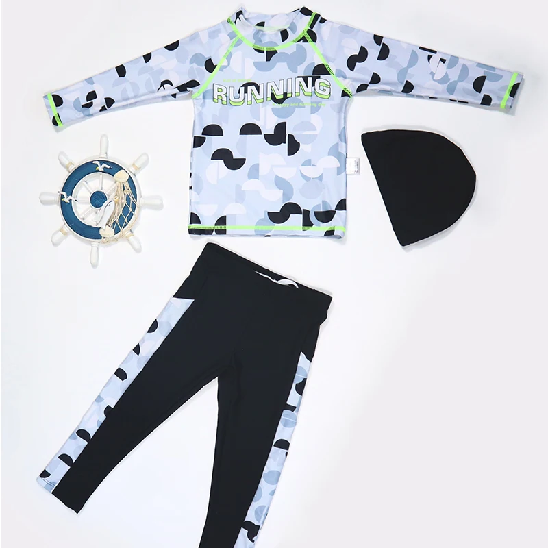 Letter Printing Children's Swimsuit Long Sleeved Boys Sunscreen Quick Drying Bath Suits Spherical Printing  Split Swimwear ​Set