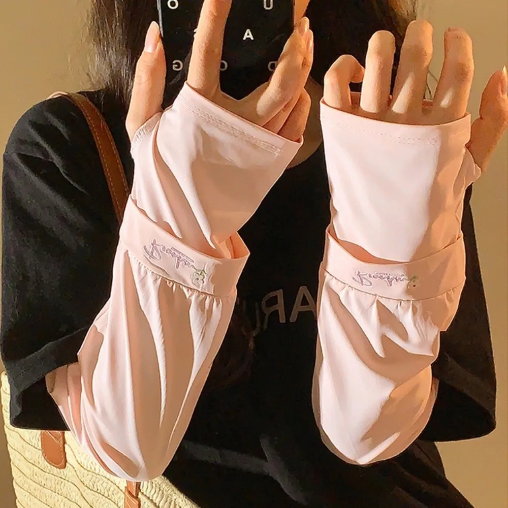 

Cute Flower Embroidered Long Ice Silk Sleeves Arm Protection Elastic Sunscreen Arm Covers Loose Anti-UV Cycling Gloves Summer