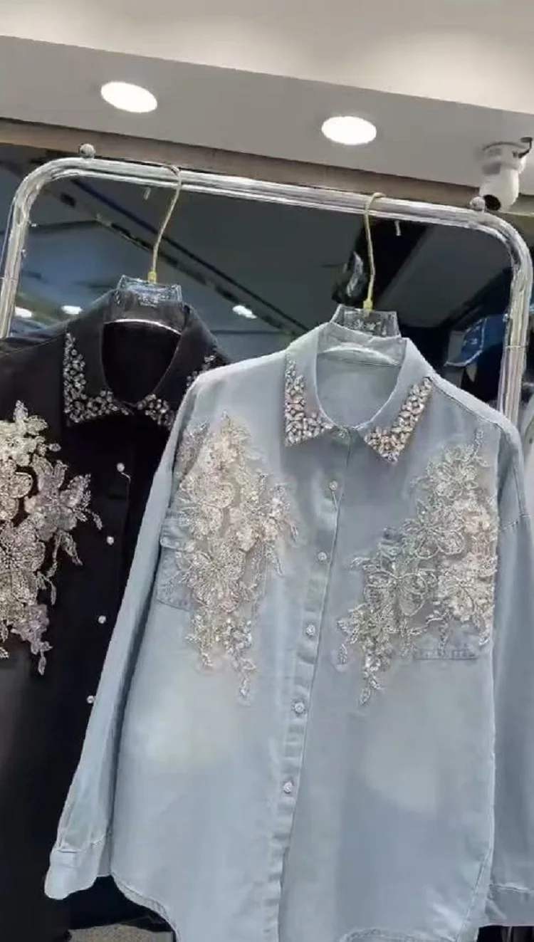 ใหม่ในฤดูใบไม้ผลิฤดูใบไม้ร่วง 2025 Sparkle SequinsเพชรStitchความยาวกลางY2K Denimเสื้อและเสื้อสําหรับสตรีแฟชั่นTops blusas