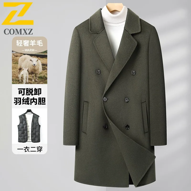 COMXZ 2025 Men Detachable Down Inner Reversible Jacket Wool Long Double Breasted Business Coat Casual Youth Tweed windbreaker
