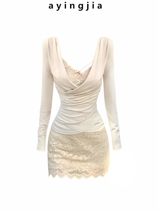

Ele Lace Asymmetrical Dr Women's Sensual Waist-Cinching Cross V-ne Top Two-piece Set Faionable Commute Sle