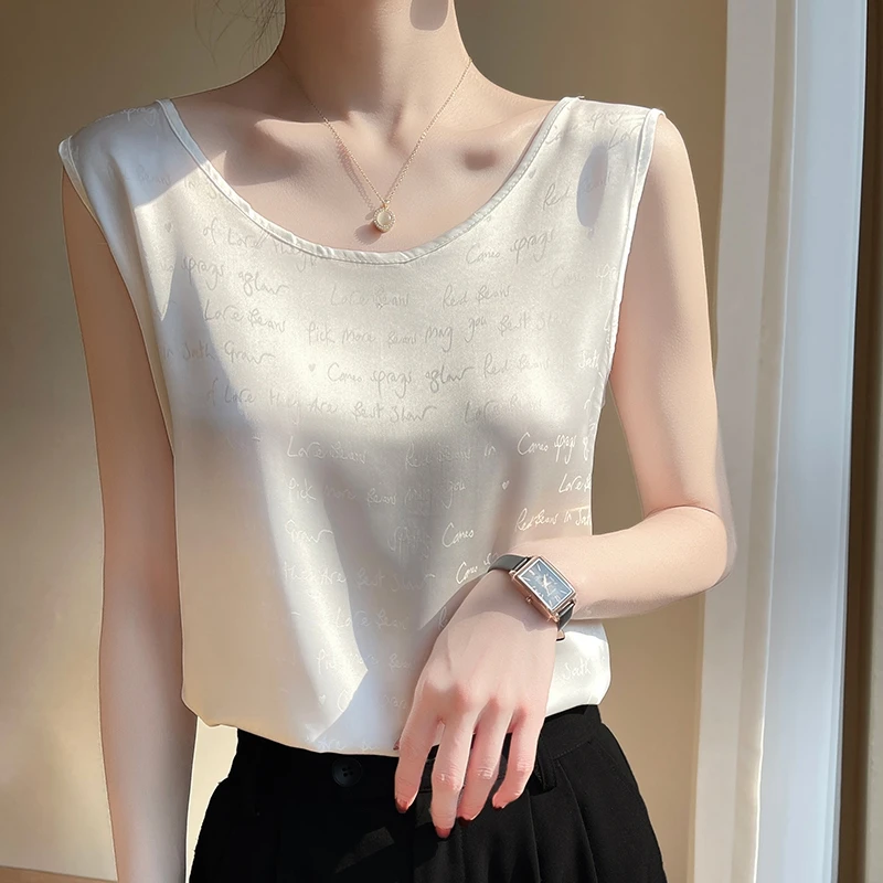 2023 Summer New Mulberry Silk Vest For Women U-Collar Broadband Solid Color Printed Comfortable Temperament Short-Sleeved Vest