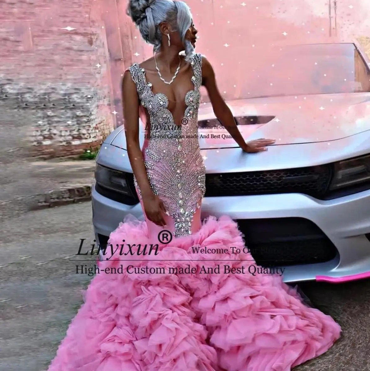 

Luxury Diamonds Prom Dress For Black Girls Sleeveless Sparkly Crystal Ruffle Mermaid Bead Evening Party Gown 2025 Customized