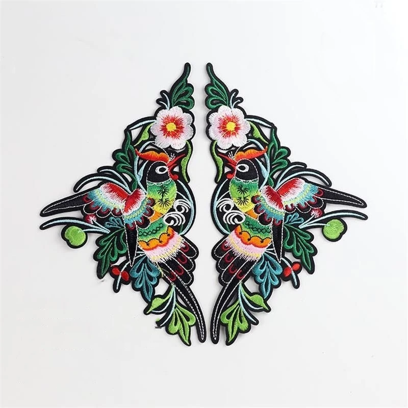 1pairs Ethnic-Style Mandarin Duck Embroidery Patch Iron on Triangular Embroidered Fabric Patches for Ethnic Clothing Appliqués