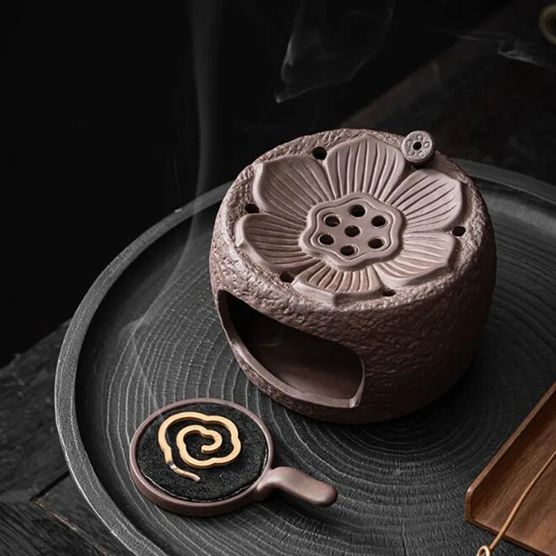 Purple Clay Relief Lotus Pattern Sandalwood Coil Incense Holder Aromatherapy Burner Fragrance Censer Tea House Chan Home Decor