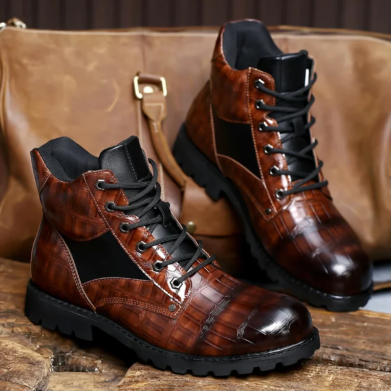 

2023 Men Boots Autumn Spring Leather Round Toe Grid Pattern Square Heel Males Shoes Exquisite Fashion Leisure Design Men Boots