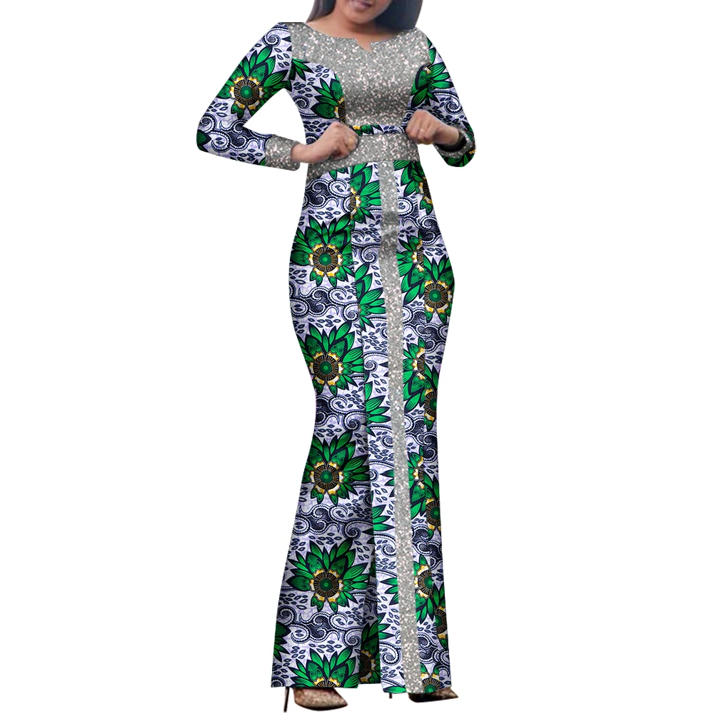 Bintarealwax African Maxi Dress Bazin Riche Sequined Print Wax Long Dresses Long Sleeve Plus Size S-7XL Africa Clothing WY8458