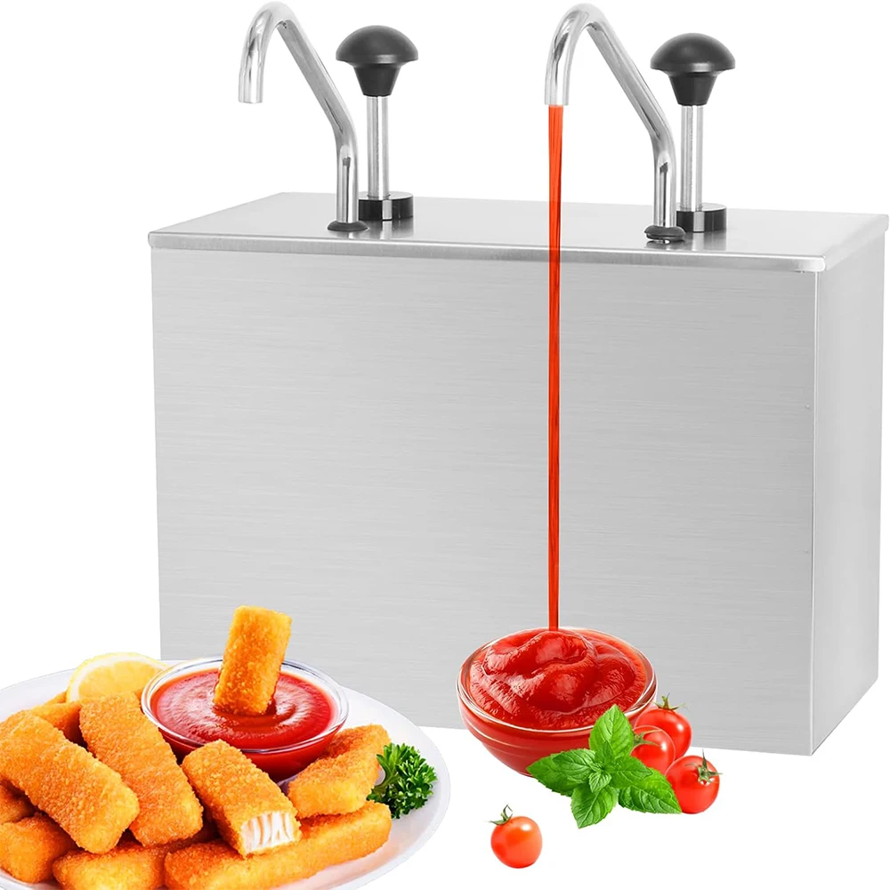 2 Buckets Sauce Dispenser Pump Condiment Pump Station with 2 3.6Quart Buckets, Stainless Pump Dispenser for KetchUp Dressing Syr