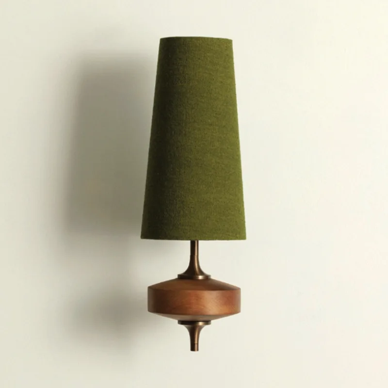 Vintage Mid-century Green Wall Sconce Natural Wood Frame Fabric Lampshade For Bedroom Bedside Corridor Entryway Decor