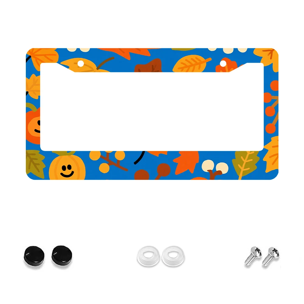 

1pc Blue Colorful Pumpkin and Leaves Pattern 2 Hole License Plate Frame, Aluminum Material, 6x12 Inches, with Screw Kit, Retro