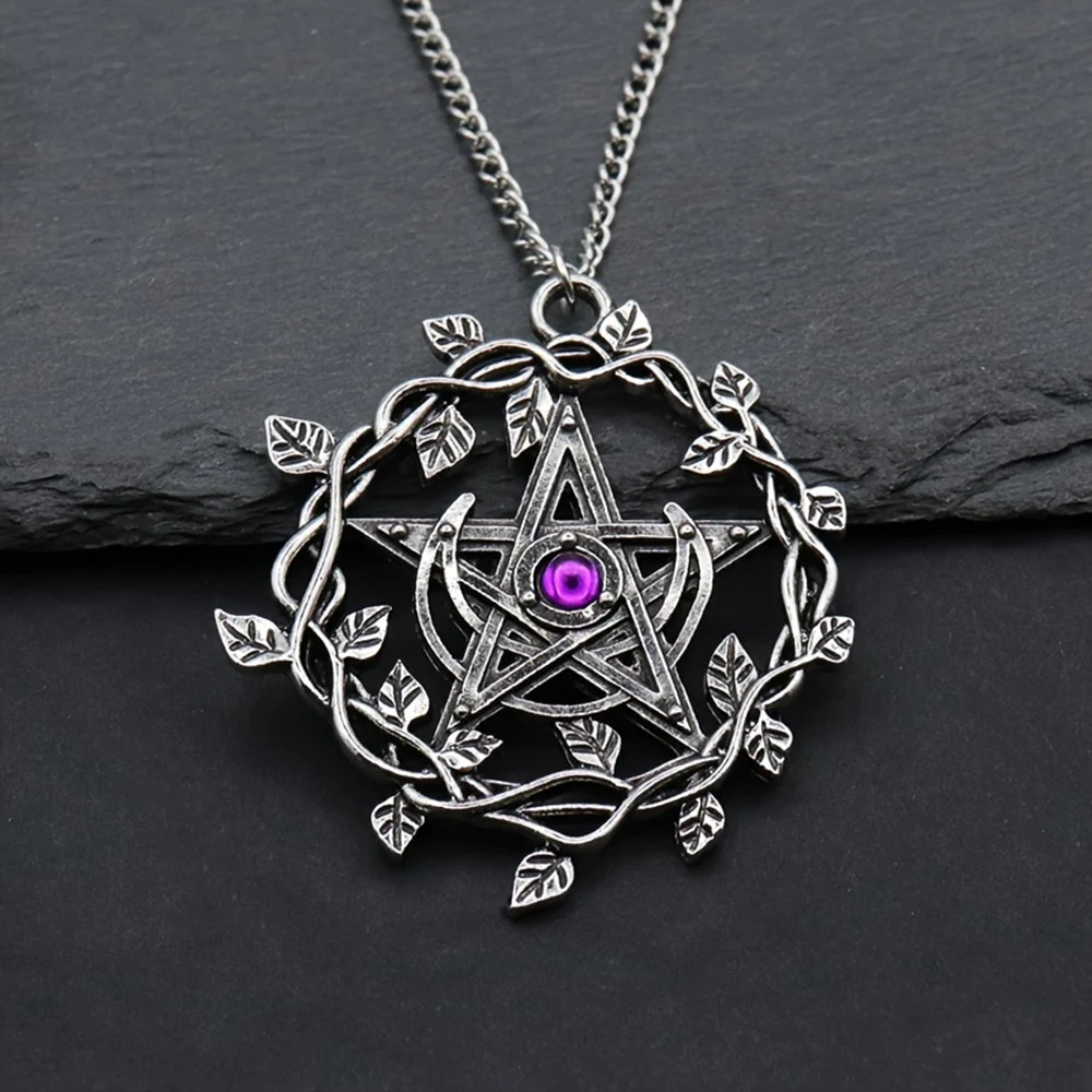 Gothic Rattan Leaves Pentagram Pendant Necklace For Women Men Vintage Pagan Wiccan Witch Charm Statement Necklace Jewelry