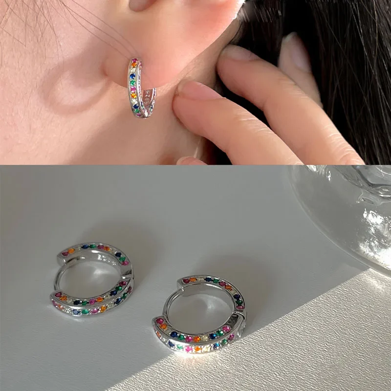 Real S925 Sterling Silver Colorful Zircon Round Huggies Earrings for Women Party Classic Fine Jewelry Geometric Accessories