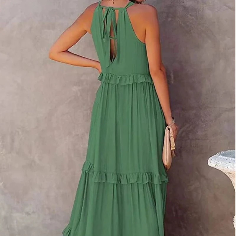 New Summer Vacation Wind Lotus Leaf Edge Long Dress for Women, Modern Dance Performance Dress, Swinging Elegant Beach Skirt