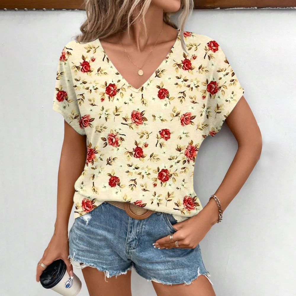 

2024 Casual Flower 3d Print T-Shirt Harajuku Flowers Women's T-Shirt Fashion Short Sleeve Top V-Neck Oversized Clothing Daily