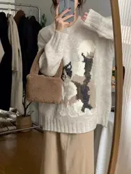 High-grade Cute Cat Round Neck Pullover Knitted Sweater Women's 2024 New Autumn and Winter Loose Lazy Wind Top