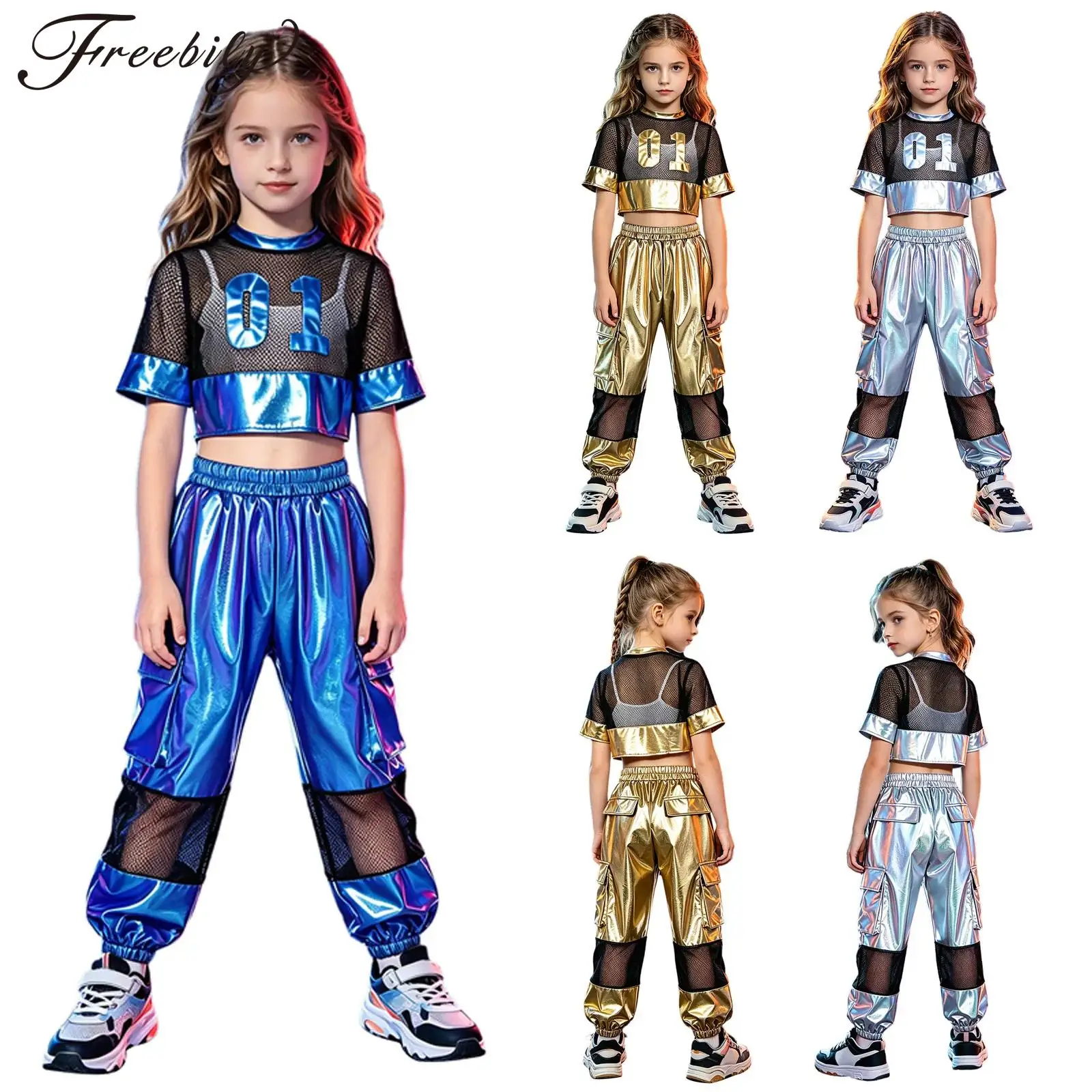 キッズガールズ-シャイニーメタリック-ヒップホップ-ジャズダンス衣装-半袖ナンバーグラフィック-メッシュパッチワーク-クロップトップ-カーゴパンツセット