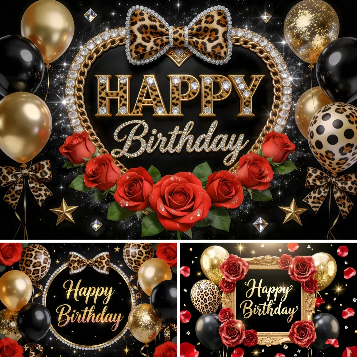 Yeele Schwarz-Goldene Glitzer-Ballons Kulisse für Erwachsenen-Geburtstagsfeier Leopardenmuster Schleife Rote Rosen Fotografie-Hintergrund Studio