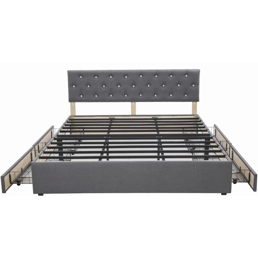 72 x 80 Modern Linen Fabric Grey Bed Frame with Crystals Headboard, Upholstered Platform Bed Bedframe with 4 Storage Draw