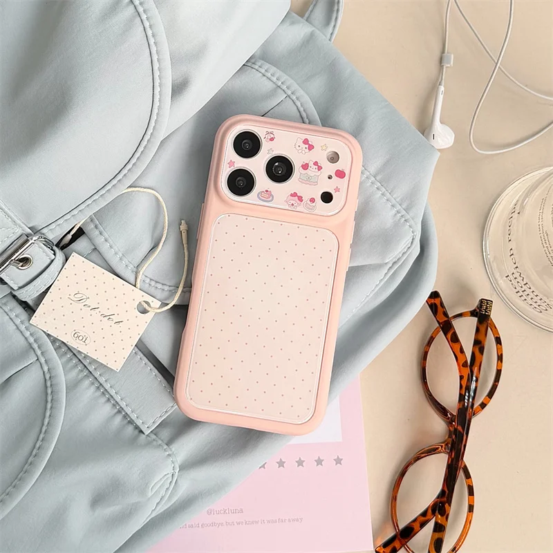 

Cute Hello Kitty Print Phone Case Pink Frame Polka Dot Large Camera Window Shockproof Cover For iPhone 14 15 16 17 Pro Max For G