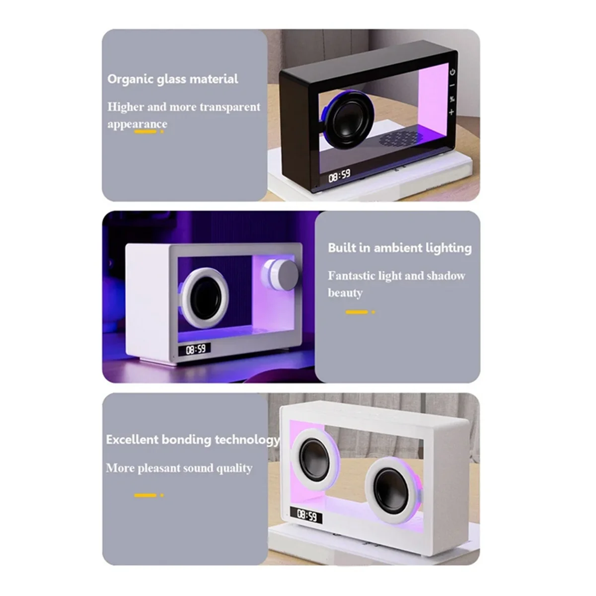 Portable Retro Bluetooth Speaker Clock Wireless HiFi Transparent Soundbar with RGB Light TF Card Audio Music Player B G